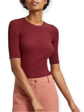 Theory Tech Ribbed Burgundy Short-Sleeve Knit Top